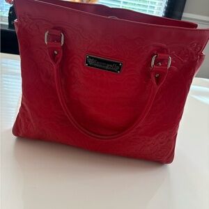 Loungefly Red Embossed Floral Tote with Metal Logo
